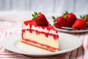 Sticker - close-up of a slice of strawberry cheesecake on a white plate