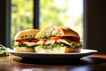 Poster - chicken pesto sandwich illuminated under natural window light