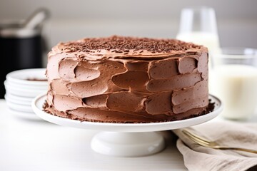 Wall Mural - a perfectly frosted chocolate cake on a white plate