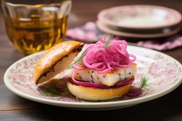 Sticker - fish sandwich with pickled onions on porcelain plate