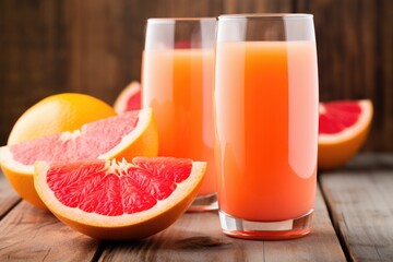 Wall Mural - grapefruit juice in a tall glass with half-cut grapefruit