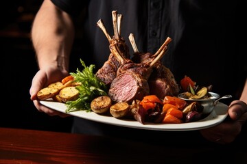 Poster - hand offering a platter of lamb chops to a diner