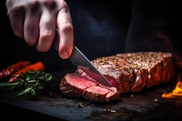 Poster - human hand holding knife to chop grilled steak