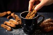 hand dunking a biscotti in a cup of peppermint mocha