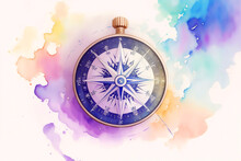 Watercolor Compass Illustration With Colorful Paint Splash. Aquarelle Style Design On Nautical Or Adventure Theme For Poster, Banner, Invitation, Greeting Card Or Cover. Ai Generated.