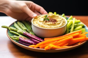 Wall Mural - hand holding plate of colorful veggie sticks and hummus