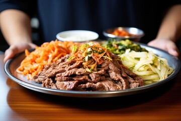 Wall Mural - hand holding a plate of bulgogi with side dishes