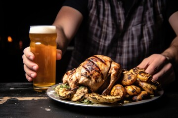 Canvas Print - holding a beer can up over a plate of grilled chicken