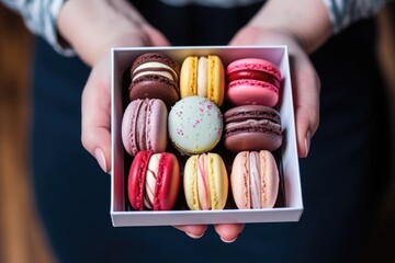 Wall Mural - hand holding a box of varied macarons