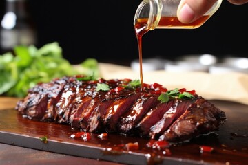 Sticker - hand drizzling homemade sauce on grilled skirt steak