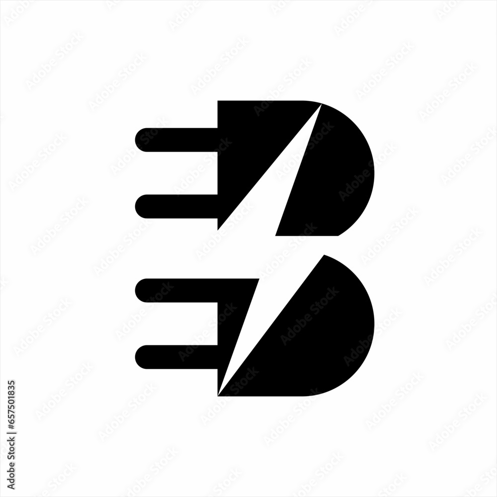 Letter B logo design with plug and thunderbolt symbol in negative space ...