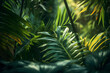 Close-Up von großen Palmenblättern, dichter Dschungel, erstellt mit generativer KI