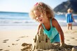 child crafting a sandcastle with a delighted expression
