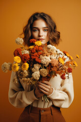 Wall Mural - Beautiful girl with an autumn bouquet on a brown background