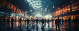 Fototapeta Londyn - blurred business people walking at a trade fair, conference or walking in a modern hall.