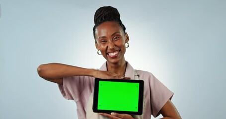 Poster - Business owner, face or green screen on a tablet in studio for social media, advertising or online branding. Blue background, happy black woman or waitress showing app chroma key or mockup space