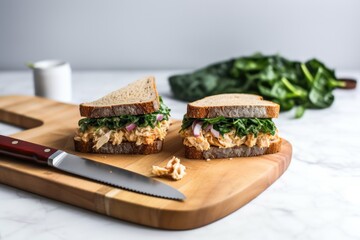 Wall Mural - tuna salad sandwich on a marble table with a knife beside