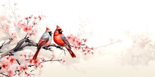 Red Cardinals On A White Background With Copy Space.