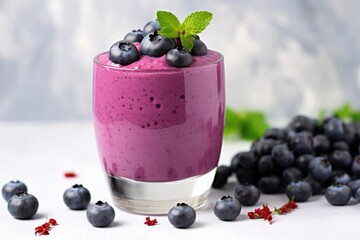 Wall Mural - berry smoothie in a glass cup with blueberries on top