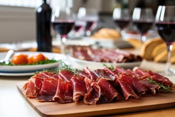 Poster - foreground focused photo of iberian ham with blurred tapa layout in the rear