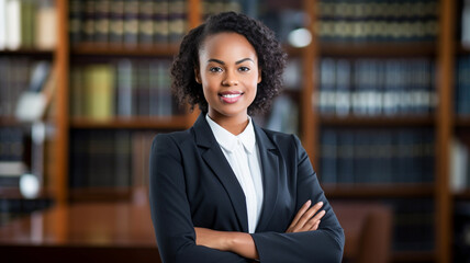 Wall Mural - Portrait, lawyer and young black woman smile and happy standing against bookshelf. African attorney, technology and face of professional, female advocate and legal advisor in law firm.

