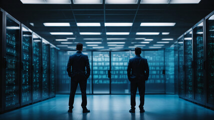Wall Mural - Back view of two people standing in server room with data center