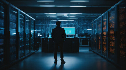 Wall Mural - Back view of man standing in server room with data center