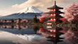 a traditional Japanese temple on the right with traditional red gate, Mont fuji on the left.generative ai
