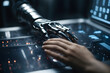The woman's hand reaches out, almost touching the AI's metallic surface. The contrast between her soft skin and the cold, calculated machine is a visual representation of the confrontation between hum