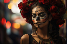 Girl With Catrina Skull Makeup For Day Of The Dead And Halloween