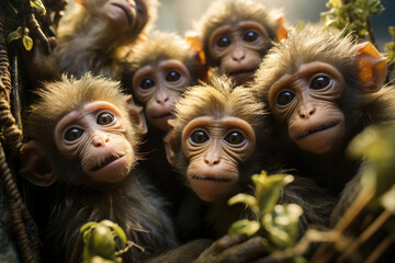 Funny group of monkeys in the foliage of trees