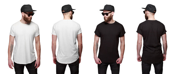 Sticker - T-shirt on a man for mock up. White and black color of T-shirt. Front and back view over transparent background