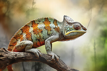 Wall Mural - Image of chameleon on branch in forest. Reptile. Illustration, Generative AI.