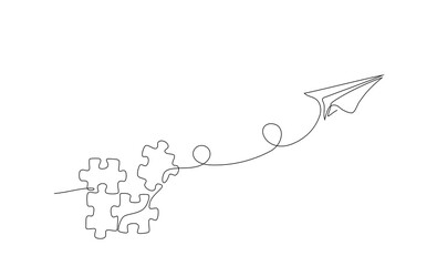 Continuous line drawing of paper plane flying up connected with puzzle pieces, jigsaw. Problem solving and solution business metaphor, idea concept. One single line drawing for thinking process Vector