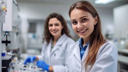 two female lab assistant is working on a technical device smiling,