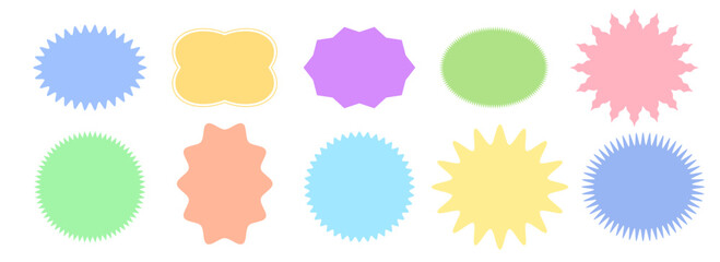 Set of Star Burst, Sun Rays vector icons. Pastel colored labels. Colored stickers for price tag, sale.