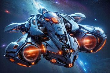 realistic sleek futuristic alien spaceship flying in a nebula galaxy with engines roaring and lights