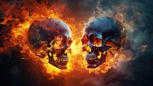 Two Skulls In Fire On Black Background.