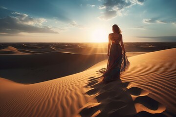 Wall Mural - Woman dress sand dune. Fashion art. Generate Ai