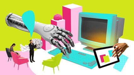 Wall Mural - cooperation and combination of human resources and artificial intelligence. it. network support. con