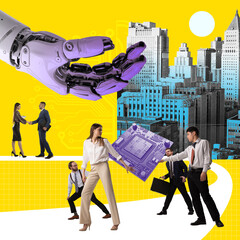Wall Mural - robotic hand and employees of it department. working with artificial intelligence services. contempo