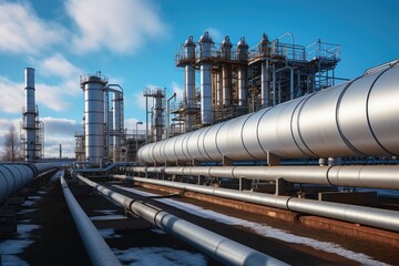 Fototapete - Steel long pipes in crude oil factory. Oil refinery