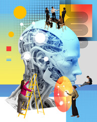 Wall Mural - 3d model of giant robot head and employees working on technical issues. artificial intelligence serv