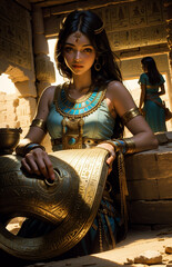 Wall Mural - Beautiful girl in costume of ancient Egyptian goddess. Portrait of a beautiful young woman in the ancient Egyptian temple.