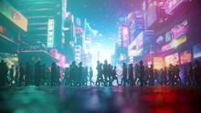 Crowd Of People Moving In Big Futuristic Night City. Crowds In Huge Metropolis, Dark Night Scene, People Walking, Cyberpunk Sci Fi Vibe