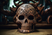 Illustration Of An Aztec Skull With Distressed Ornaments On The Background