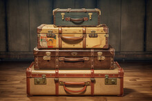 Pile Of Old Vintage Suitcases On Wooden Background. Vintage Style.