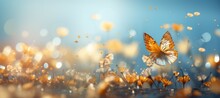 Golden Butterfly Collect Nectar From Flowers. Generative AI Technology.