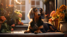 Gorgeous Long Haired Dachshund Laid On The Porch In Fall