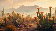 A Surreal Blend Of Fog And Blooming Cacti In A Desert Landscape. Palette: Earthy Browns, Vibrant Greens, And Misty Whites